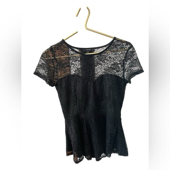 Forever 21 Black Lace Peplum Top Women’s Medium Short Sleeve Evening Blouse - Picture 3 of 8